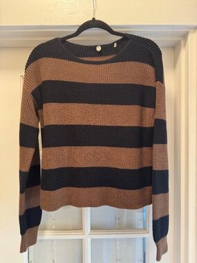 Margaret O'Leary Striped Cotton Knit Sweater Navy Camel M